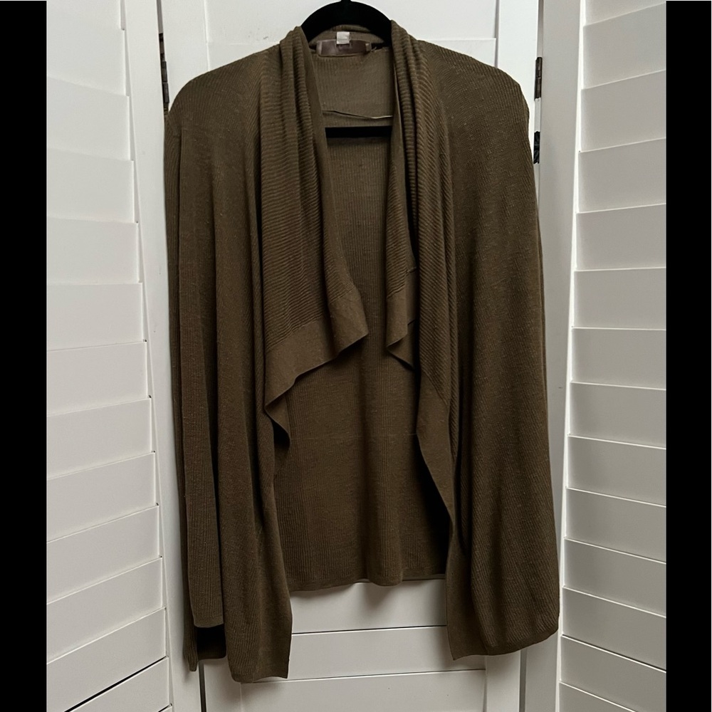 SWEATER by LOFT SIZE S GREENISH BROWN LONG SLEEVE WATERFALL FRONT NWT